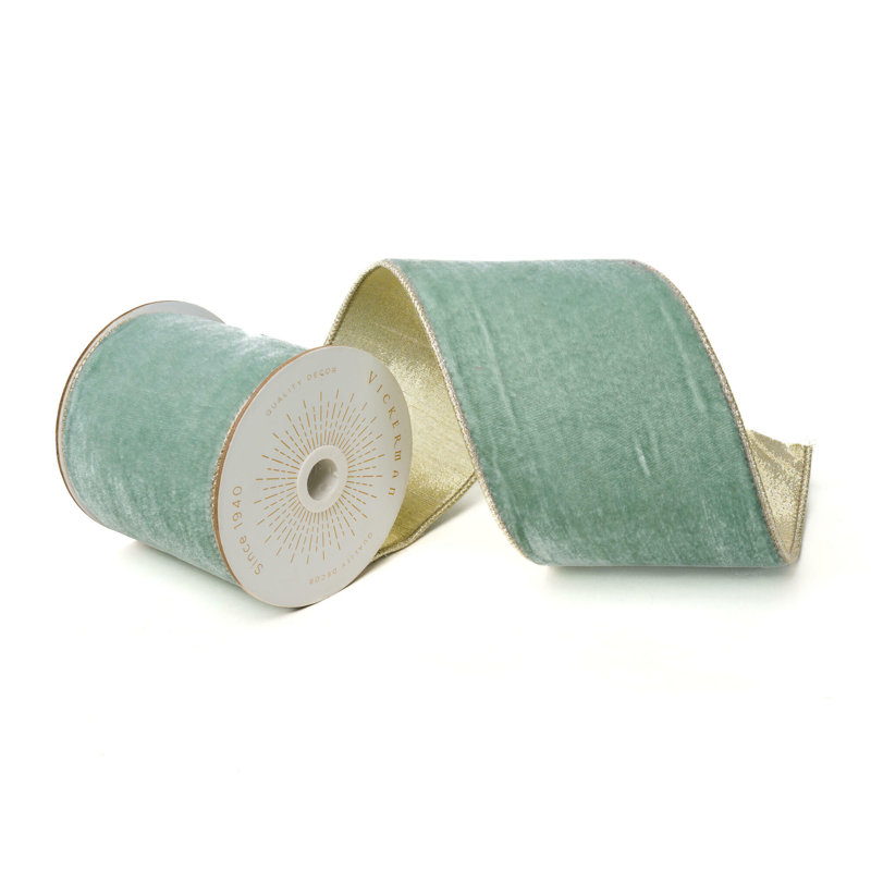 Vickerman 4"X10 Yds Velvet with Gold Trim/Backing Ribbon., Light Blue