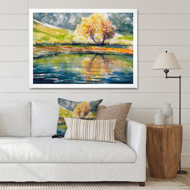 Arbre d'automne avec feuilles orange - peinture sur toile, Toile blanche avec cadre d'angle fermé, H 34 po x l 44 po
