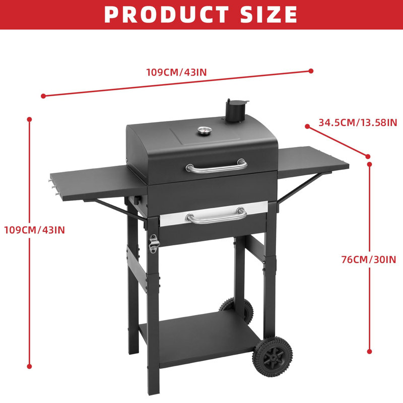 Barbecue au charbon avec tablette latérale, grand barbecue au fumoir avec support chauffant, barbecue extérieur avec plateau au charbon (noir)