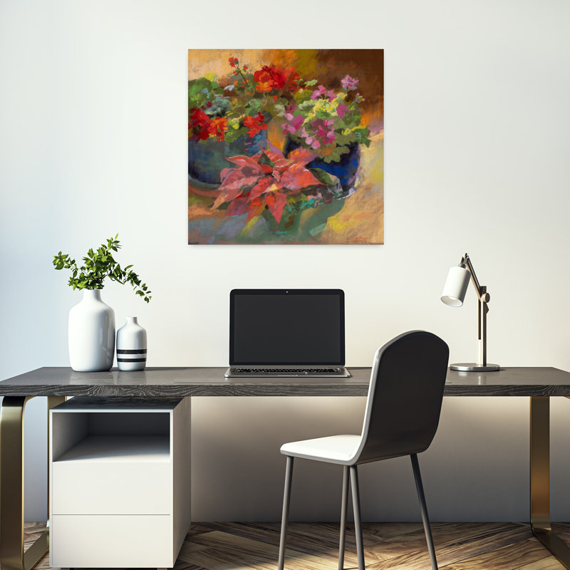 Trois Rouges, art géranium contemporain, H 18 po x l 18 po