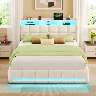 Upholstered Platform Bed Frame with Wingback Headboard, LED Lights & 4 Storage Drawers