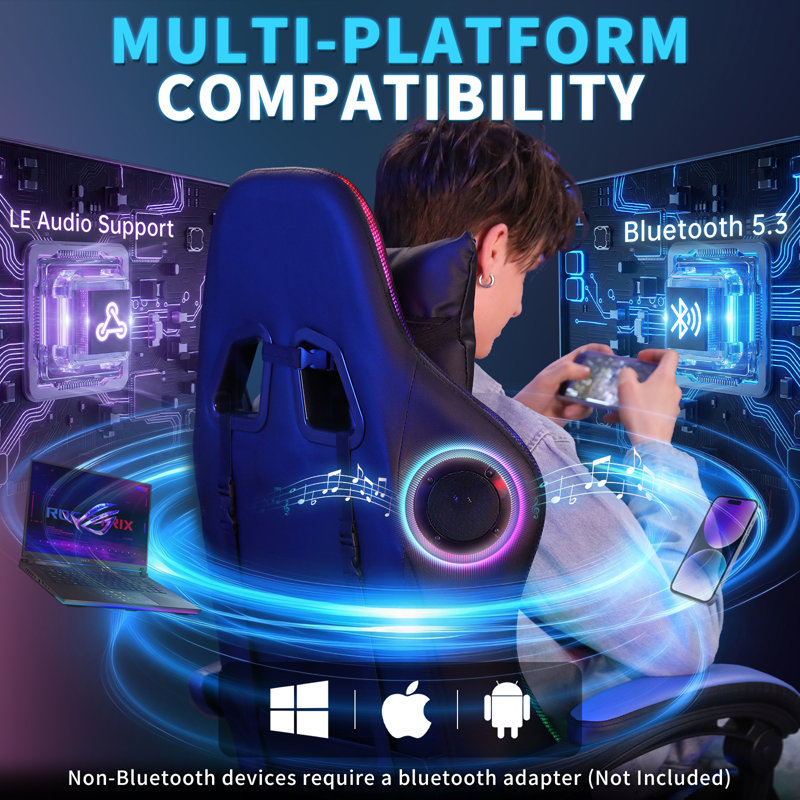 Fauteuil de jeu ergonomique à massage Hoffree avec haut-parleurs Bluetooth et lumières DEL RVB, Bleu / Noir