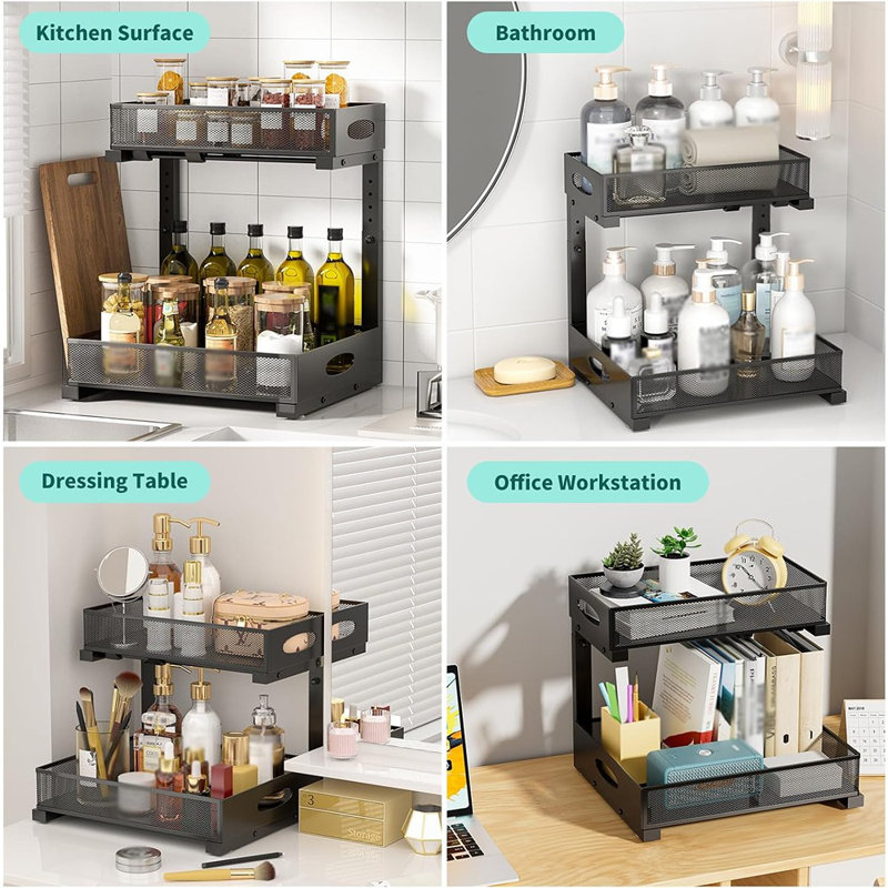 Extra-Wide 2-Tier Under Sink Pull-Out Organizer, Height-Adjustable Metal Cabinet Storage For Kitchen Or Bathroom