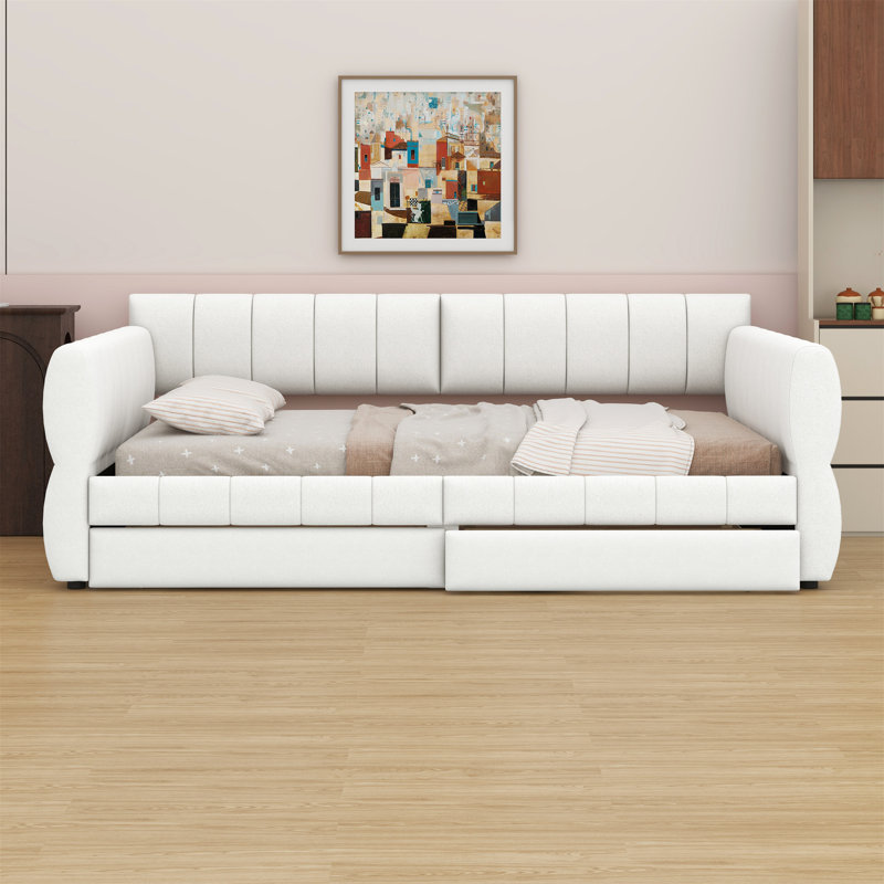 Lit plateforme tapissier avec port USB et 2 tiroirs, Blanc