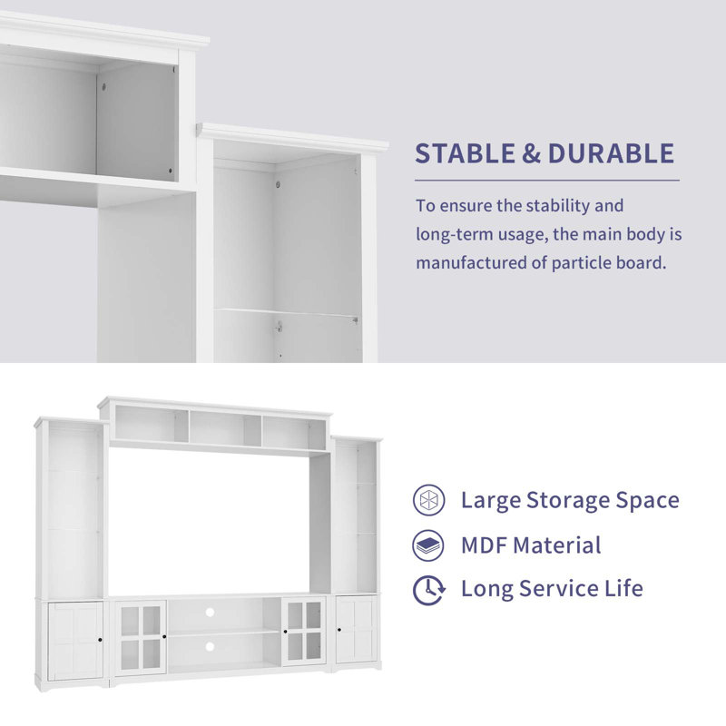 White Large Particleboard 4 Piece Wall Unit TV Stand with Bookshelf