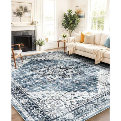 Tapis lavable, grand tapis à profil bas avec envers antidérapant et bordure durable, grands tapis rétro pour le salon, la chambre à coucher, la salle à manger