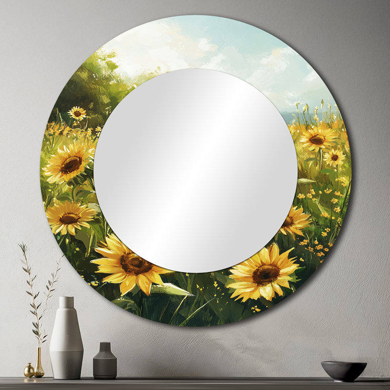 «Yellow Summer Sunflower Meadows» - art mural miroir tournesols - imprimé sur métal, 36 po x 36 po