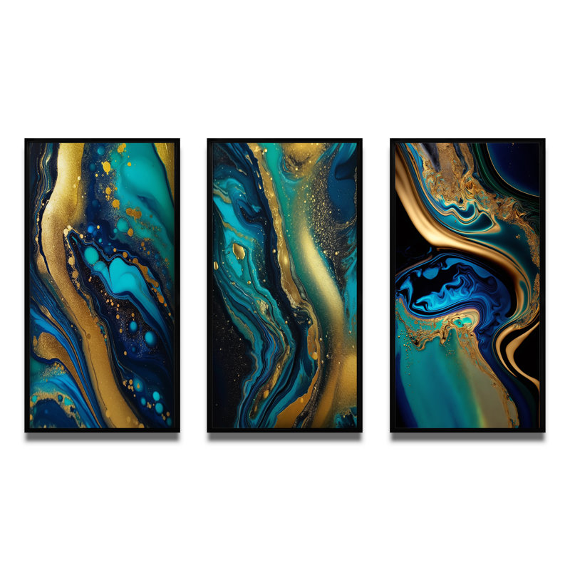 Blue Dreams Liquid Gold And Turquoise Marble I - Abstract Painting Art Set Of 3 Pieces, Cadre noir, H 20 po x l 36 po