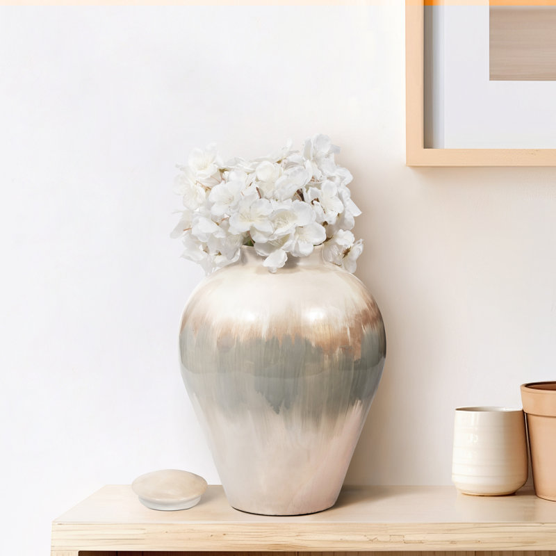Neutral Coastal Metal Brushed Pearl Novelty Temple Vase, 16" H x 11" W x 11" D