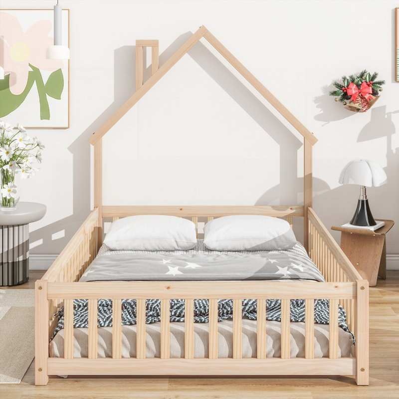 Structure de lit double en bois de pin naturel et clôture - aucun sommier requis, support solide, Naturel, Lit double