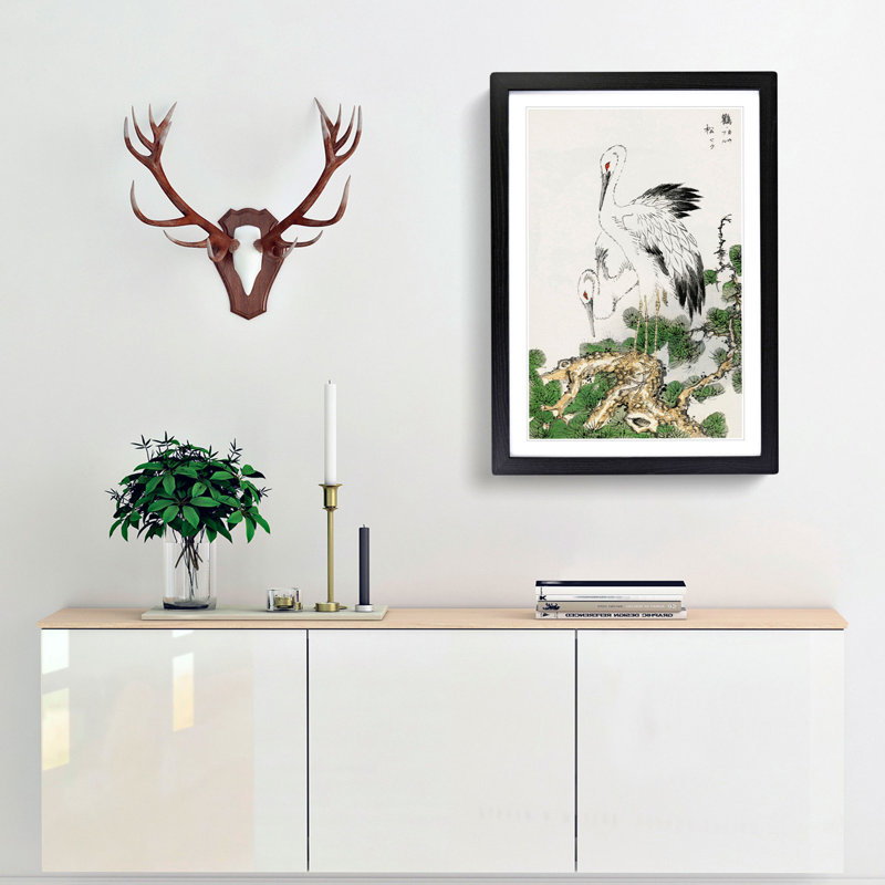 Two Japanese Storks by Numata Kashu - Picture Frame Painting Print, Black Framed, 65cm H x 48cm W x 2cm D