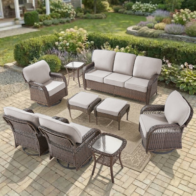 7-9 Person Outdoor T-Back Wicker Patio Family Conversation Set With Sofa, Swivel Chairs, Ottomans & Side Tables