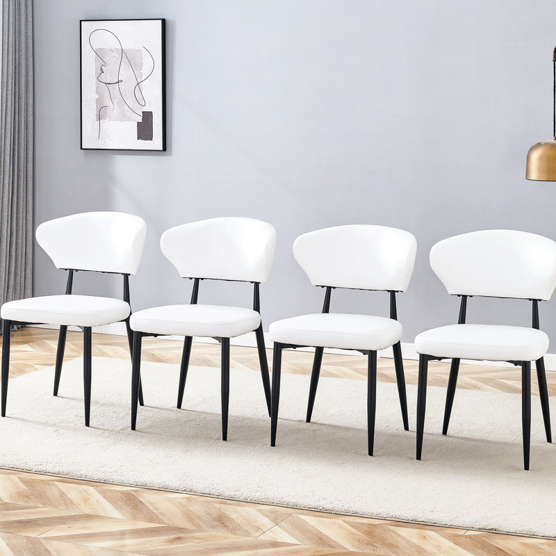 Chaise de salle à manger blanche ergonomique minimaliste de 4 personnes - courbe incurvée, revêtement en cuir de polyuréthane, pieds solides en métal, pieds antidérapants, chaises à assemblage simple, dossier confortable, matériau, marches stables