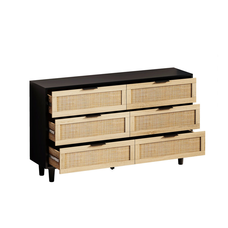 Élégante armoire en rotin avec 6 tiroirs pour un rangement efficace et une organisation à la maison, Noir