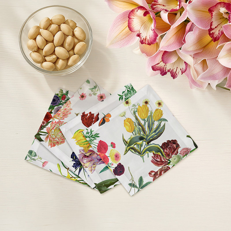 Serviettes de table en satin de coton Flora Fauna, Blanc