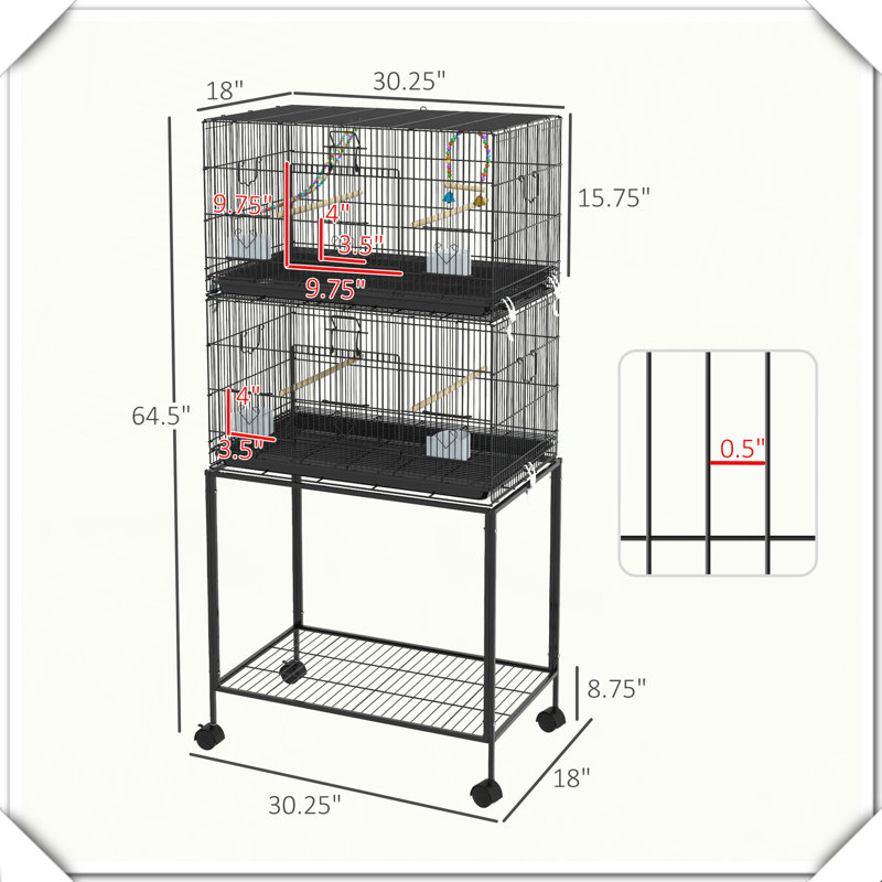 Double Stackable Bird Cage with Stand Wheels Tray Storage Shelf