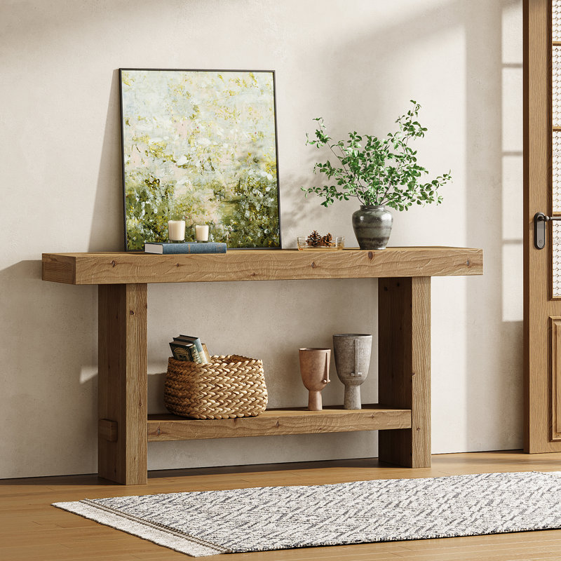 63" Solid Wood Console Table, Farmhouse Entryway Table For Hallway, Entrance, Living Room, Easy Assembly, Brown