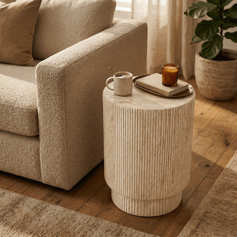 Biddlesden 14" Round Fiberstone Side Table with Ribbed Design – Indoor/Outdoor Accent Table for Patio, Living Room, or Bedroom