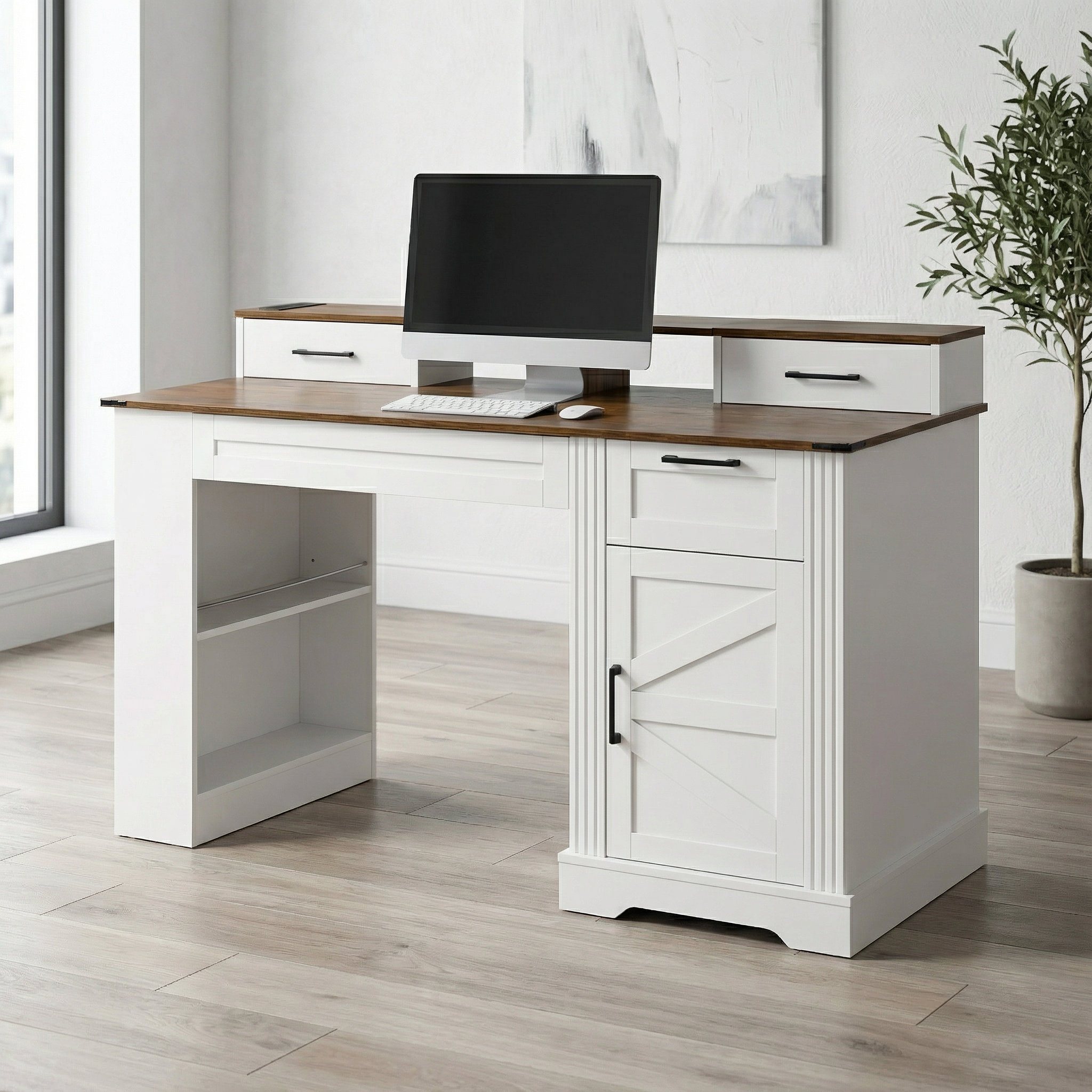 August Grove 55-Inch Farmhouse Style Office Desk with Storage Cabinet ...