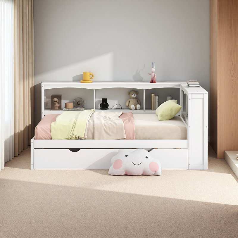 Lit de jour simple avec lit gigogne, armoires de rangement et ports USB, Blanc