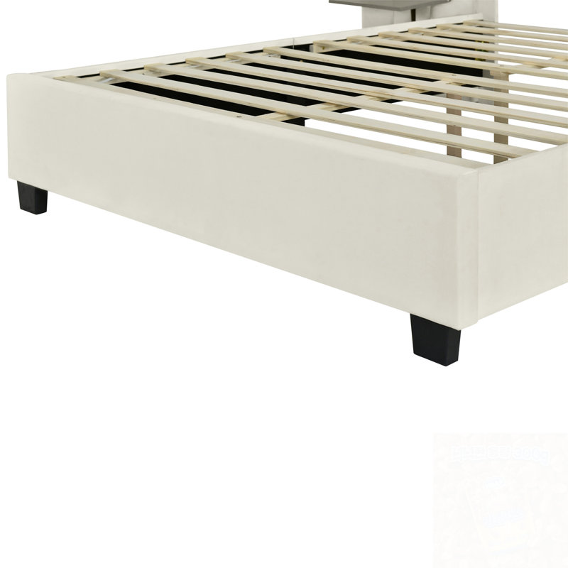 Grand lit plateforme tapissier avec grande tête de lit, Beige