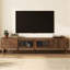 Meuble télé 85 po, design minimaliste moderne 76 po avec portes en verre Waveform, console média grain de bois dans le salon, tiroirs et charnières à fermeture douce