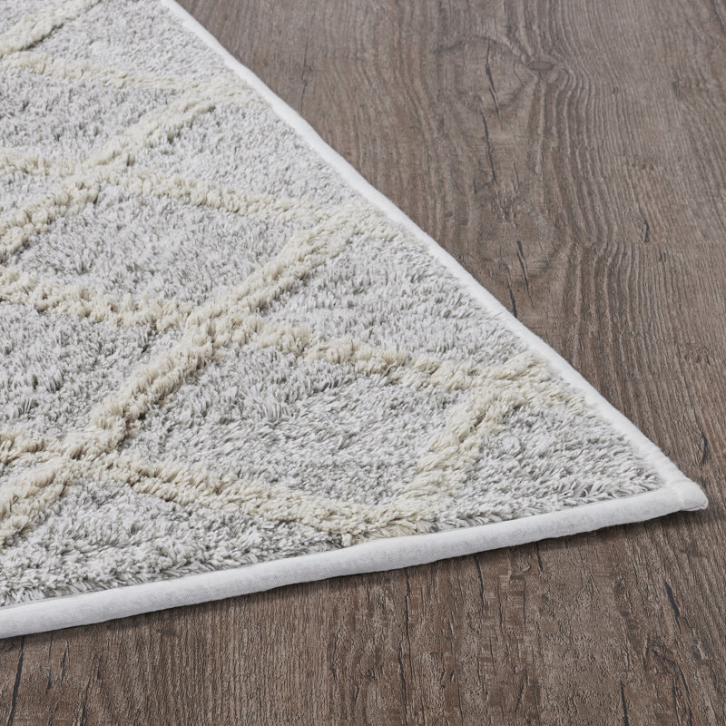 Oatmeal Tan Cotton Bath Mat with Geometric Pattern, 20x30