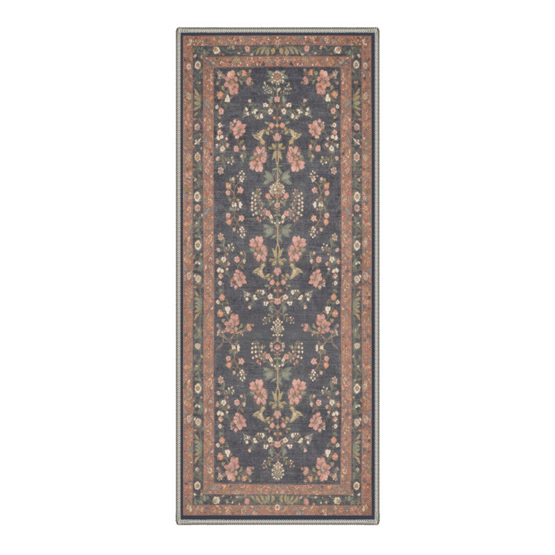 Tapis d'intérieur gris foncé / corail lavable à la machine avec envers antidérapant Amboy, Tapis de couloir 2 pi 6 po x 8 pi