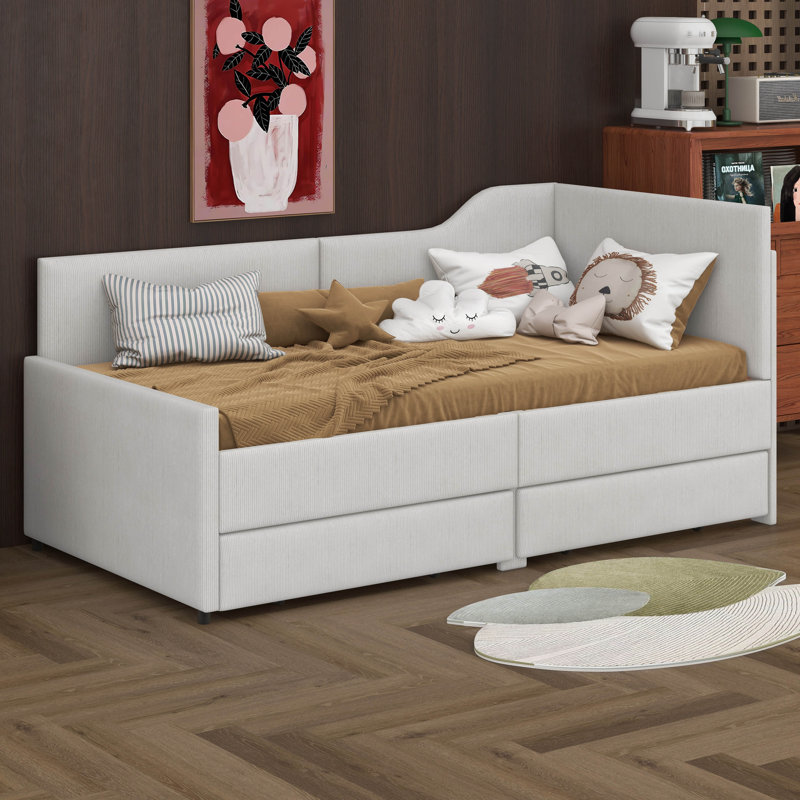 Twin Size L Shaped Daybed With 2 Storage Drawers, Corduroy Upholstered Daybed, Wooden Bed Frame, Corduroy Sofa Bed, Beige