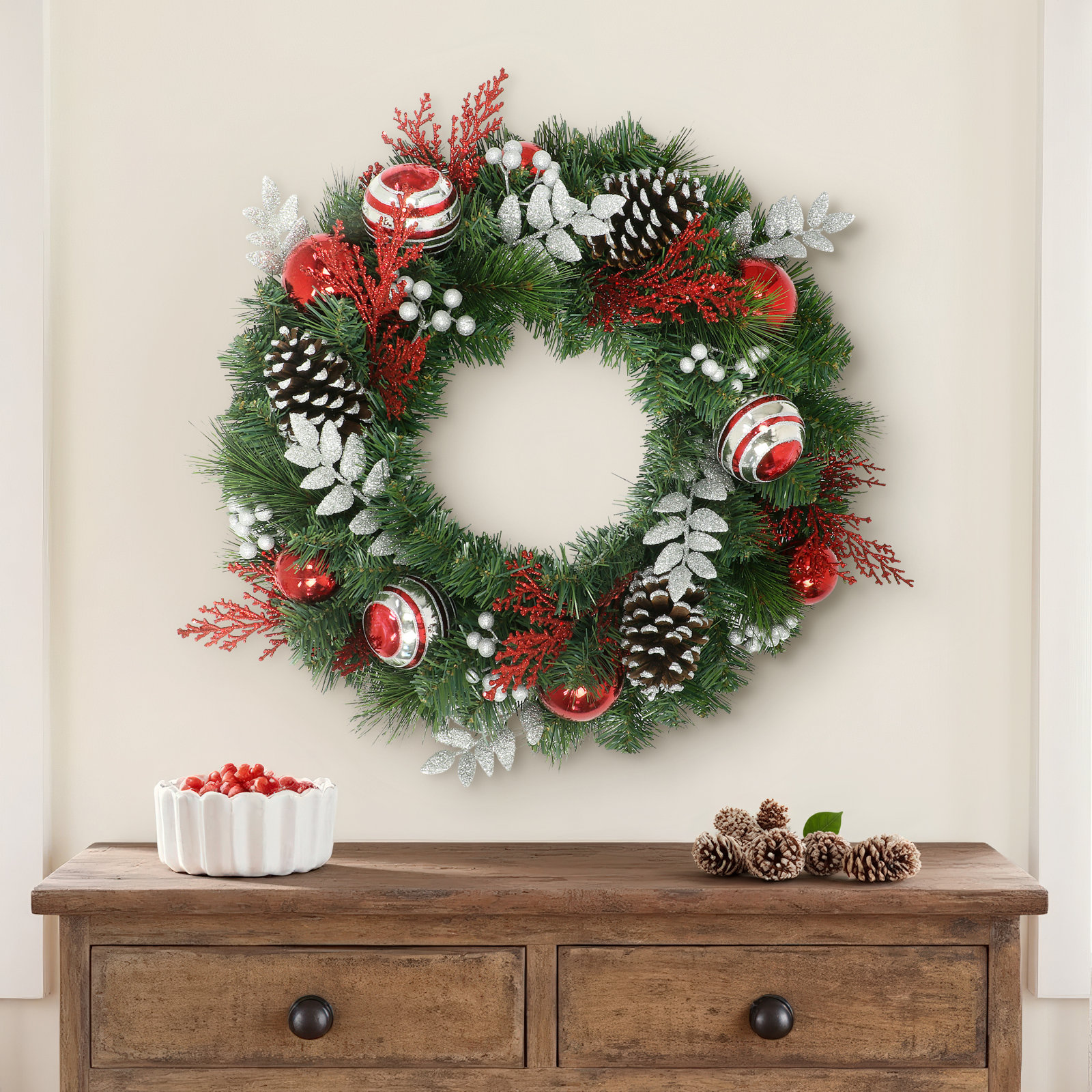 24'' Faux Pine Lighted Wreath