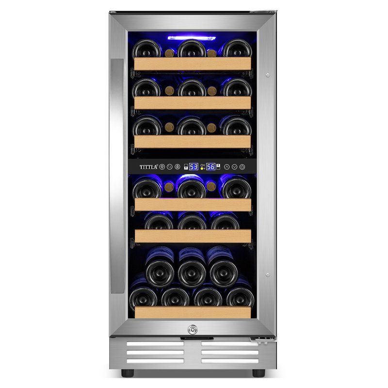 15" Wine Premium Refrigerator 30 Bottle Dual Zone Wine Cooler with Two Handle and Reversible Hinge