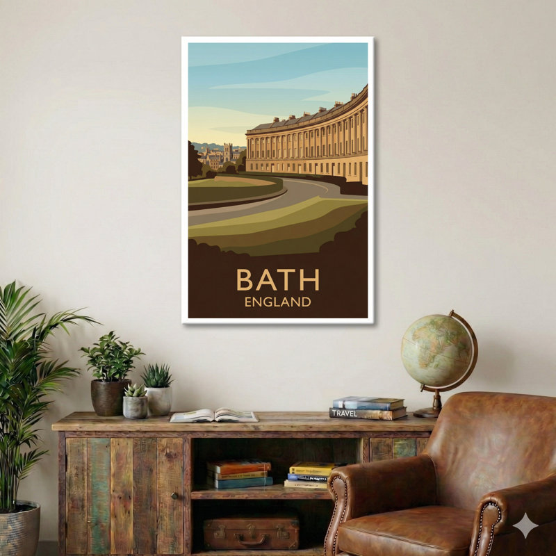 Bath, England - Romantic Travel Poster Of The Royal Crescent And Georgian Streets. Giclee Print On Wrapped Canvas. Wall Art, Home Decor - Cities & Towns, England - Wrapped Canvas Print