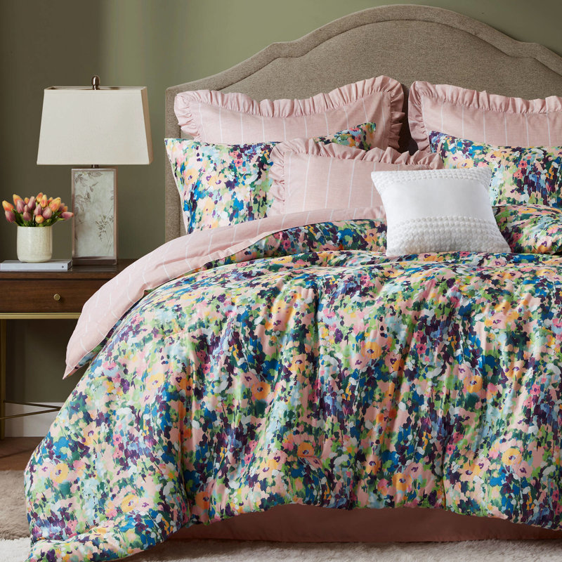 Édredon très grand 8 pièces avec confort en coton toutes saisons, rayure rose blanche réversible et certification, motif à rayures, détails décoratifs, dessus respirant