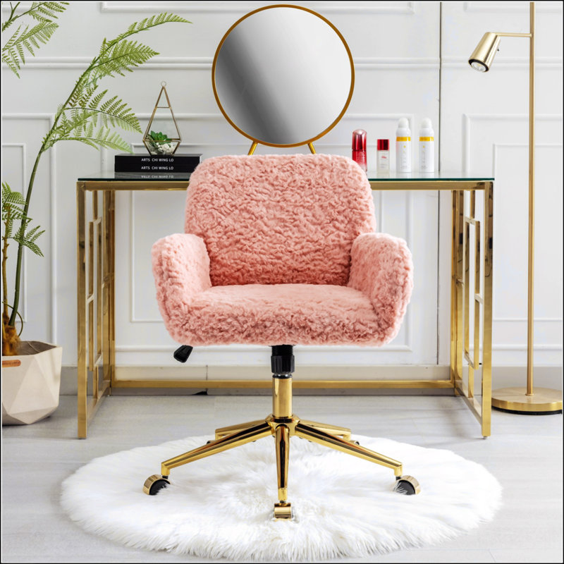 Chaise de bureau, chaise de bureau artificielle avec base en métal doré, chaise de bureau pivotante réglable, Rose