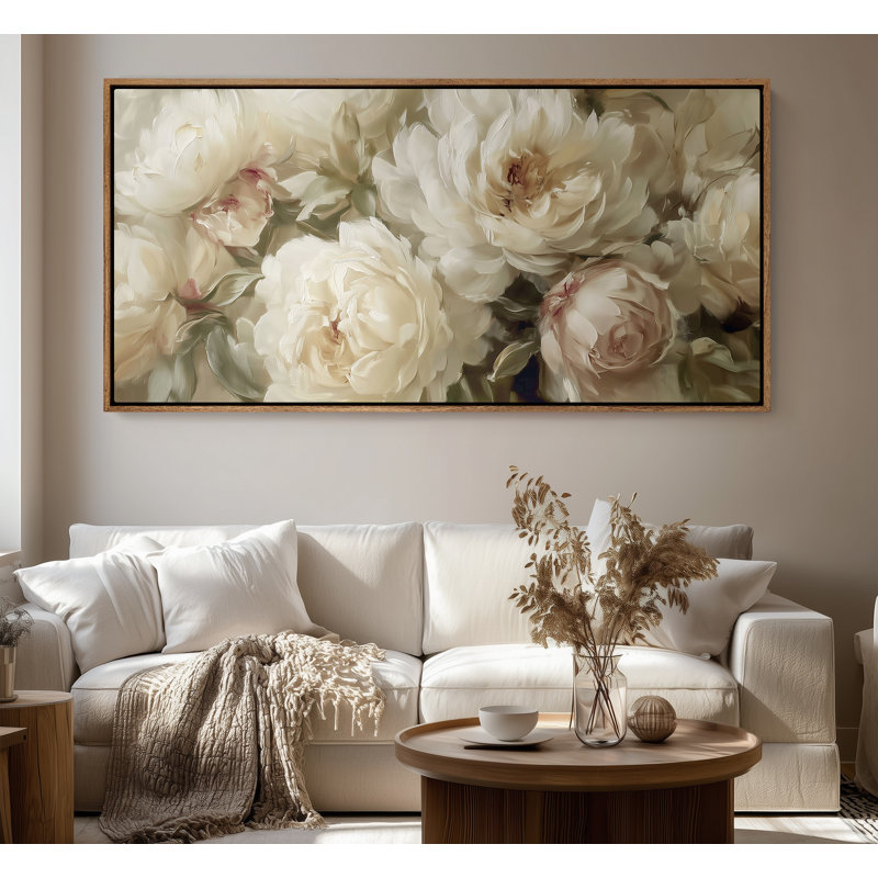 Art mural encadré sur toile - Arrangement floral élégant pivoine ivoire avec des tons neutres doux - 16 po x 24 po, 24 po x 36 po