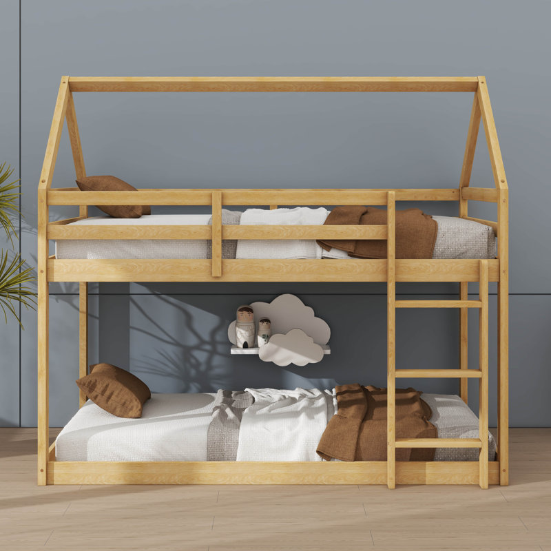 Twin-Over-Twin Floor Bunk Bed With House-Style Roof And Ladder, Loft Bunk Bed Equipped With Guardrails, Natural