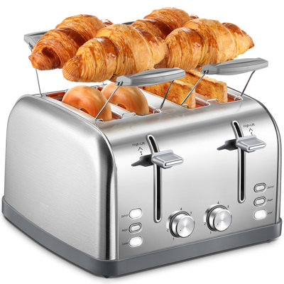 Grille-pain 4 tranches en acier inoxydable avec fentes extra larges, levier à levée élevée, fonctions bagel et muffin, 7 réglages d'ombre, plateau à miettes amovible et grille de réchaud - argent