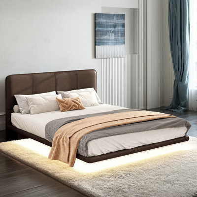 Base de lit plateforme moderne en cuir synthétique avec lumière DEL, pas besoin de sommier tapissier