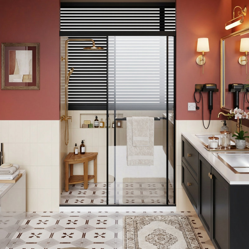 Porte de douche coulissante en aluminium 48 po x 72 po, système de fermeture en douceur, installation en 30 minutes, barrière contre les fuites, fonction acier noir mat, installation de 30 po, prévention, acier inoxydable
