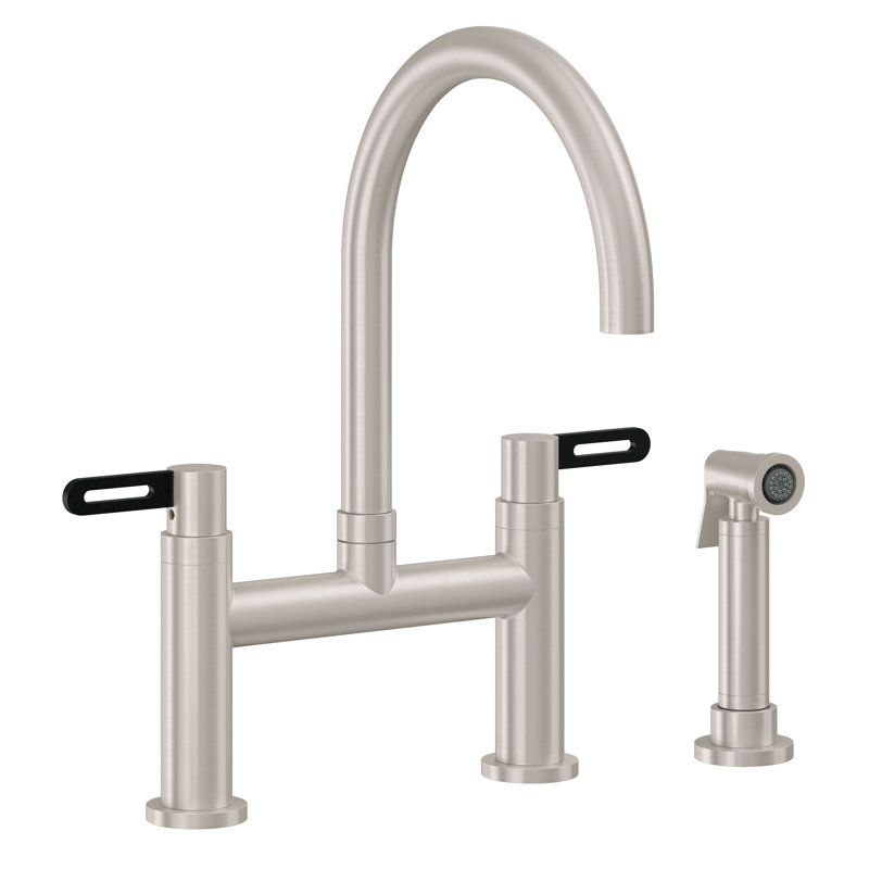 Bridge Kitchen Faucet With Sidespray - Arc Spout, With Side Spray, Satin Nickel, 62 Series Black Stick