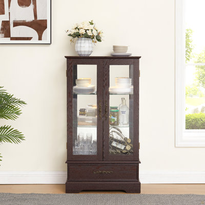 Vitrine lumineuse en verre avec tablettes réglables - Vitrine élégante à 2 portes et tiroir intégré, ampoule incluse