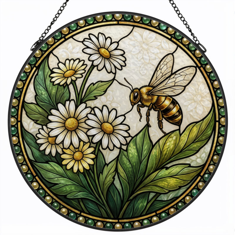 7.8"H Bee Flower Stained Glass Window Panel, 7.8" H x 7.8" W