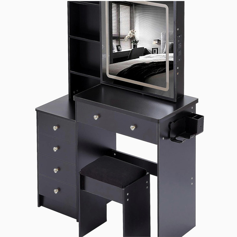 37" Middle Size Left Bedside Cabinet Vanity Table + Cushioned Stool Dresser Set, 2 AC+2 USB Socket, Hair Dryer Stand, Large Touch Control LED Sliding Mirror, 3-Color Switch, EPA, GCC, UL Certificate