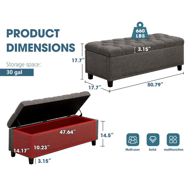 51" Ottoman Storage Benches, 30 Gallons of Bed Storage Bench with Storage, Gray