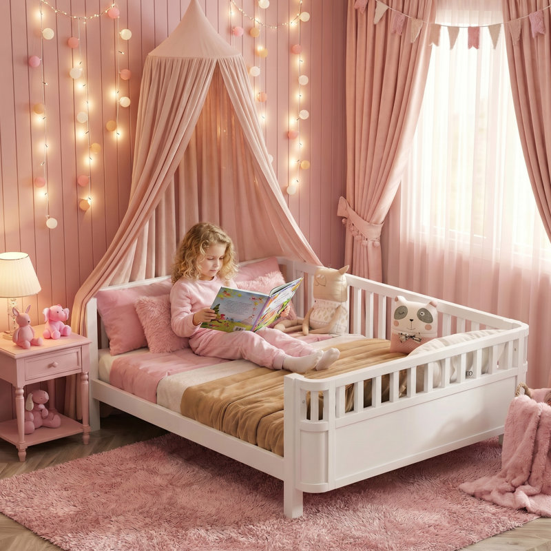 Full Size Low Platform Kids Bed with Pristine White Finish, Perfectly Designed For Kids’ Bedrooms And Suitable, White, Full