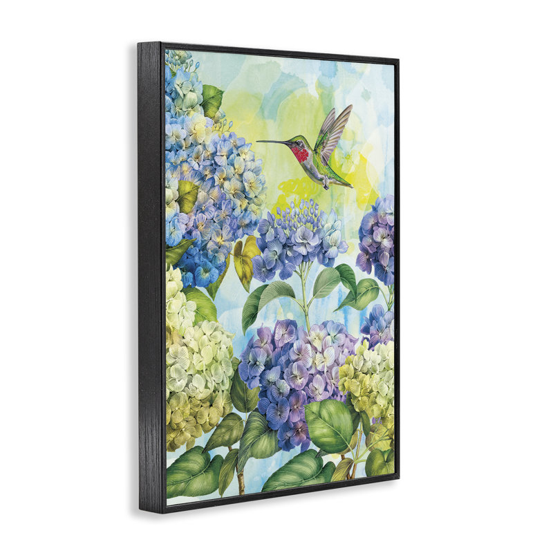 Hortensias printaniers avec colibri, estampe numérique, design par Tim Coffey, H 18 po x l 12 po, Giclée encadrée noir minuit