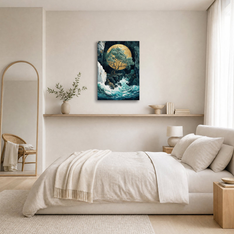 Art mural sur toile, arbre stylisé contre un orbe doré sur des vagues turquoise, H 24 po x l 16 po