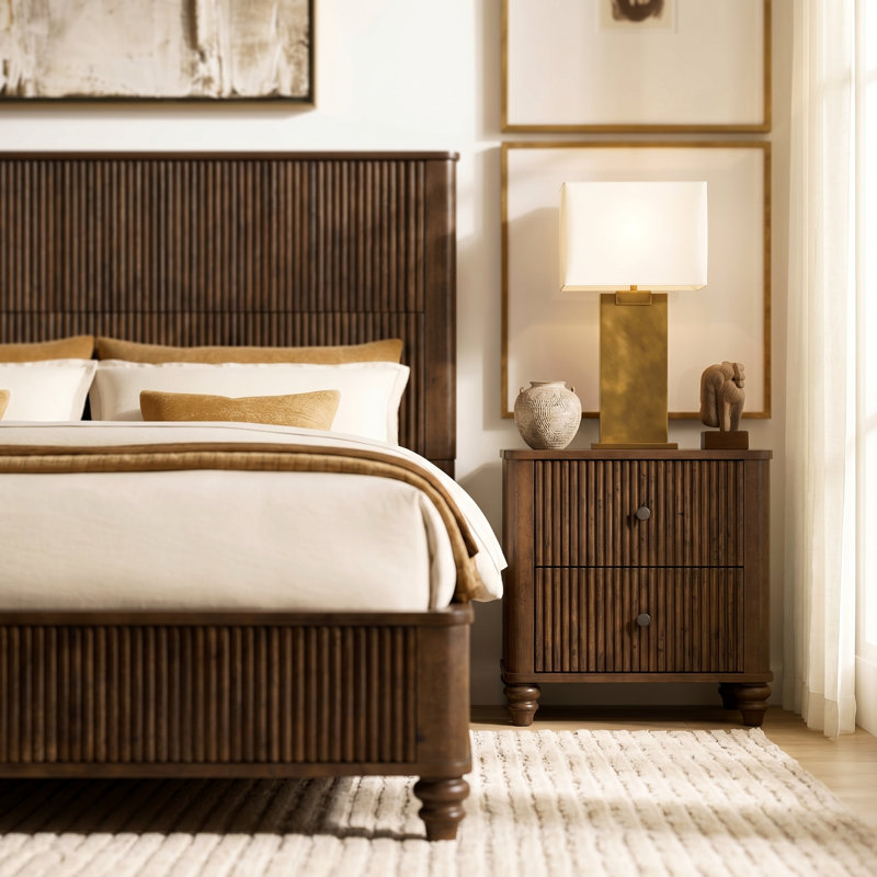 Bedroom set, including Bed and 2 Nightstands, Walnut Brown, Queen, 3 Pieces : Bed, 2 Nightstands