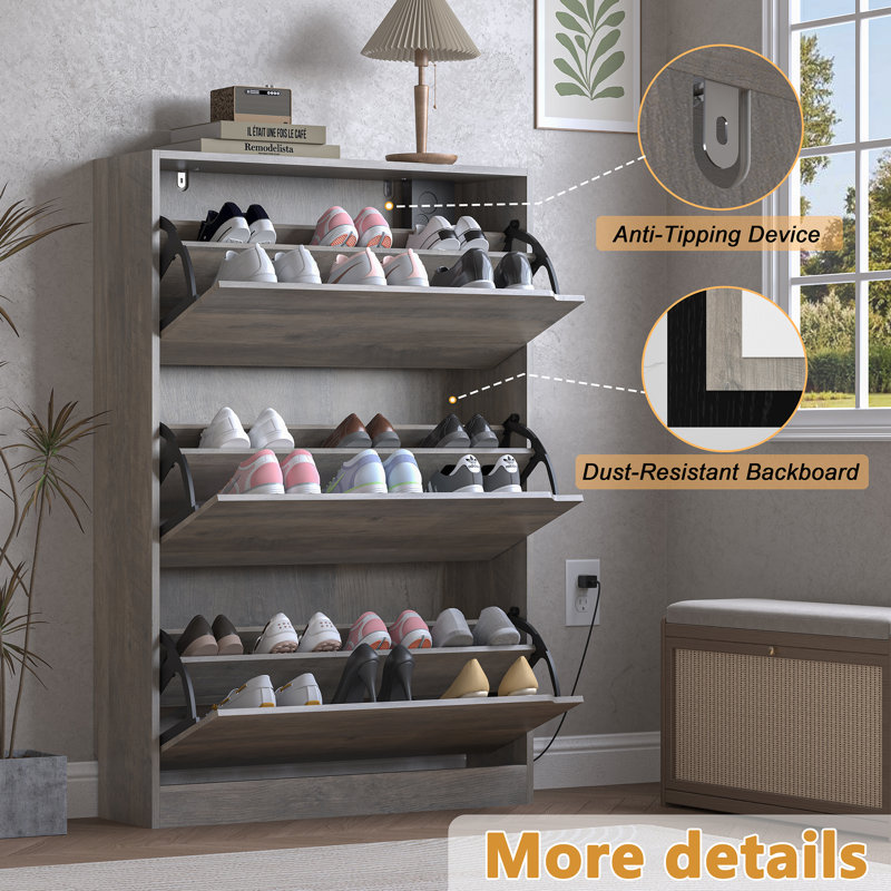 Tri-Fold Flip Shoe Rack Cabinet with Built-in Deodorizer | Black Space-Saving Organizer, Gray