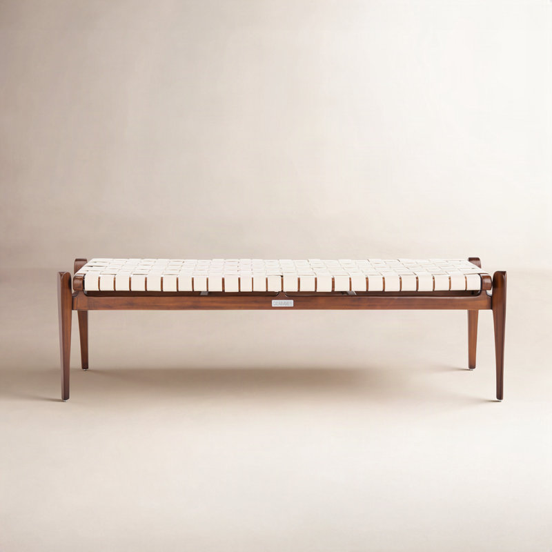Kenan Solid Wood Bench, White Top Grain Leather